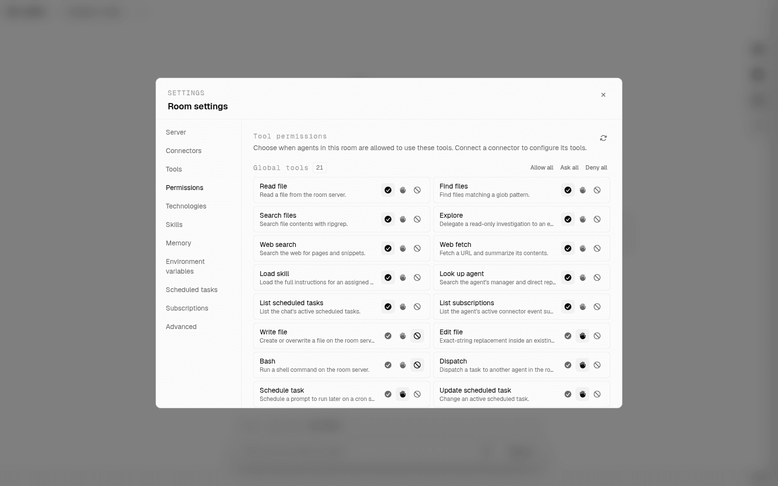 Room permissions tab listing tool groups with allow, ask, and deny policies set per tool