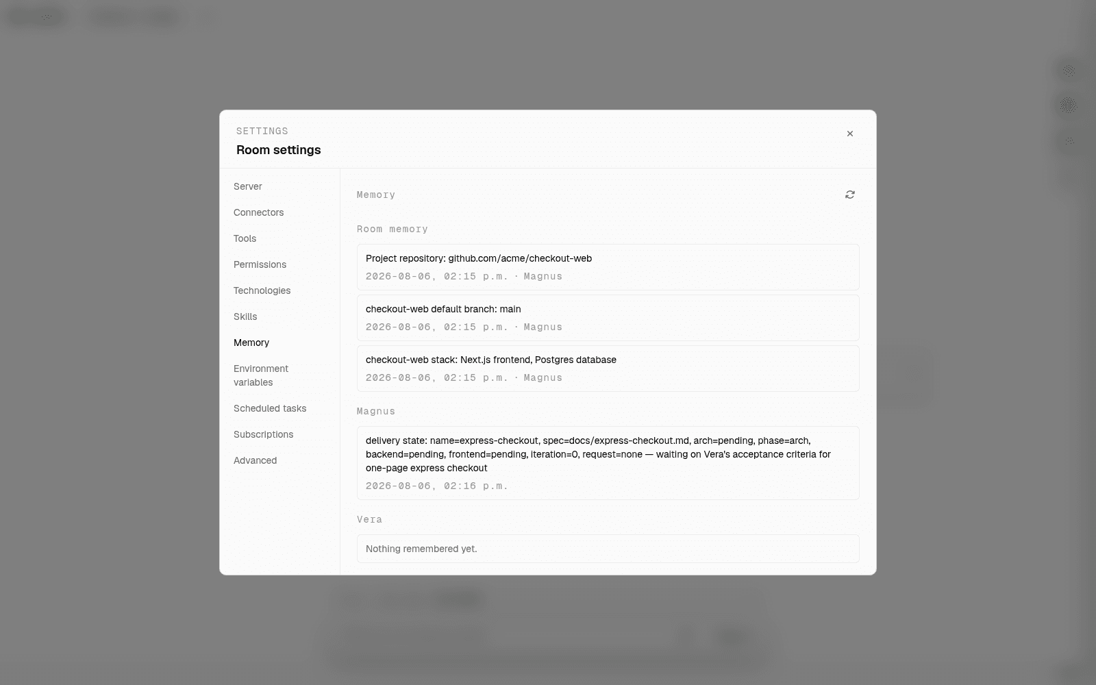 Aldena room settings Memory tab listing shared room memory and private agent memory entries with authors
