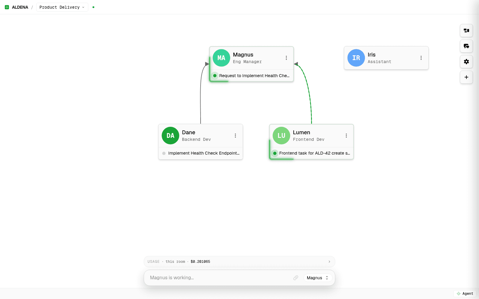 aldena org chart canvas with a manager delegating to reports while the connection lines light up