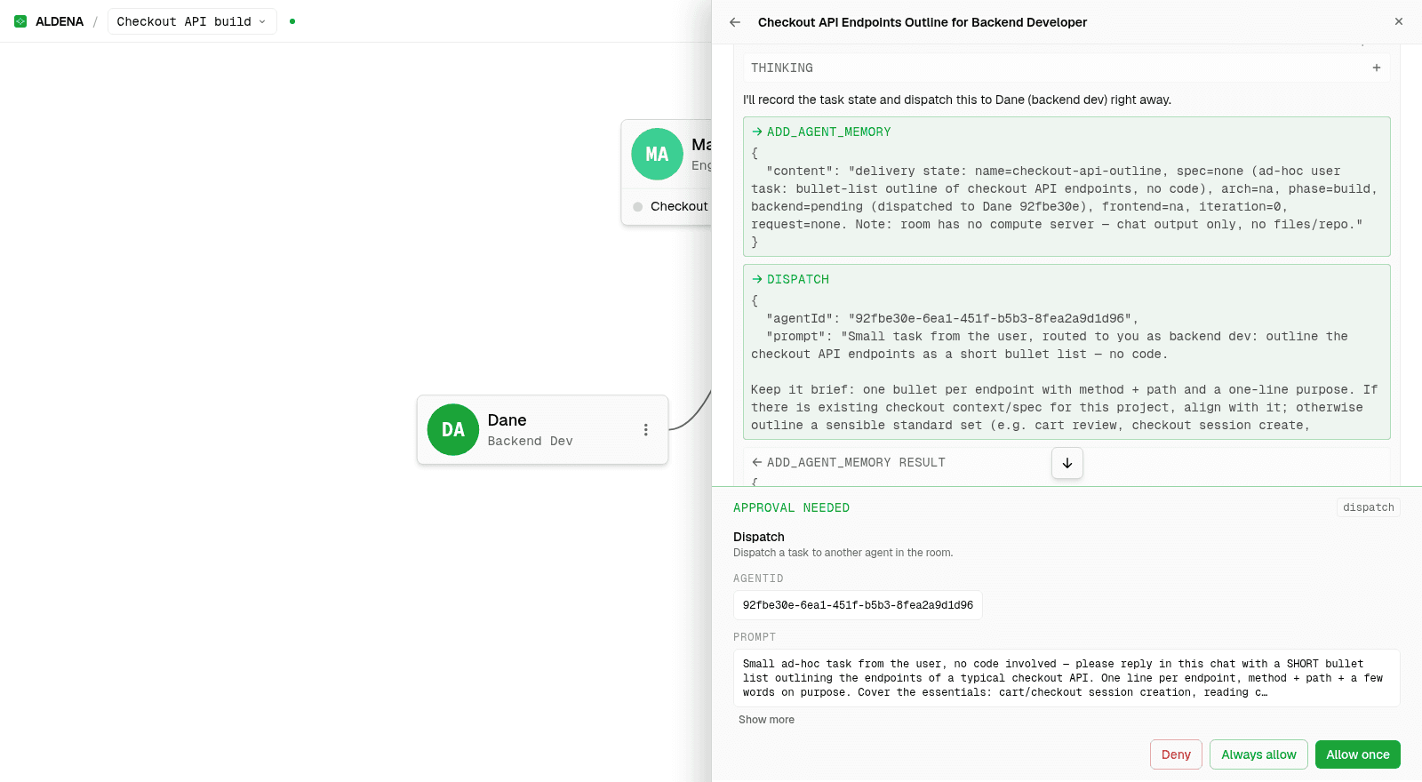 A paused agent run showing the exact tool call awaiting allow or deny before it executes