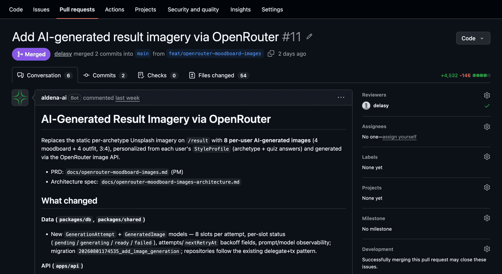 A GitHub pull request opened by the aldena-ai bot, with the agent's own written summary of the change, fifty-four files changed, and a human reviewer who approved and merged it