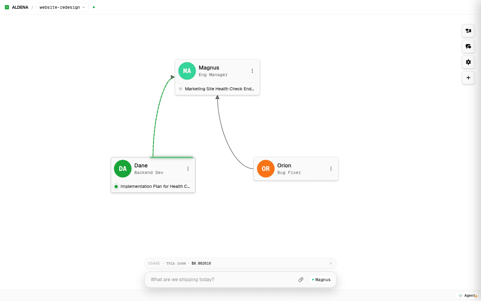 Aldena org chart canvas showing a manager agent delegating work down a lit connection to a direct report