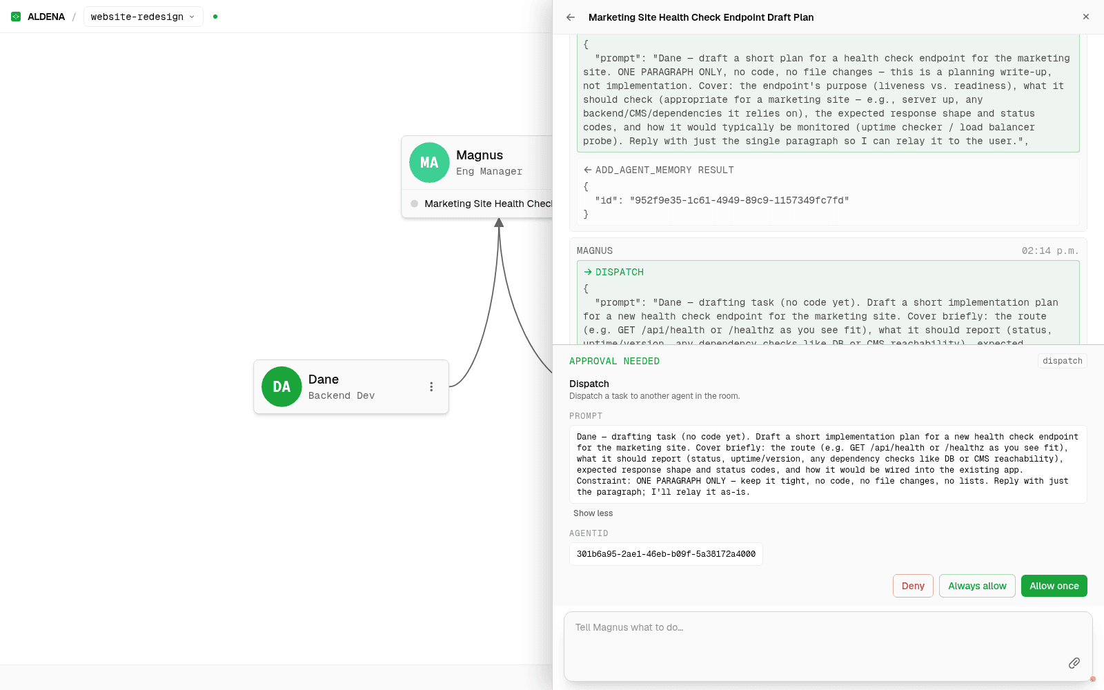 Approval gate pausing an agent run with allow once, always allow, and deny options