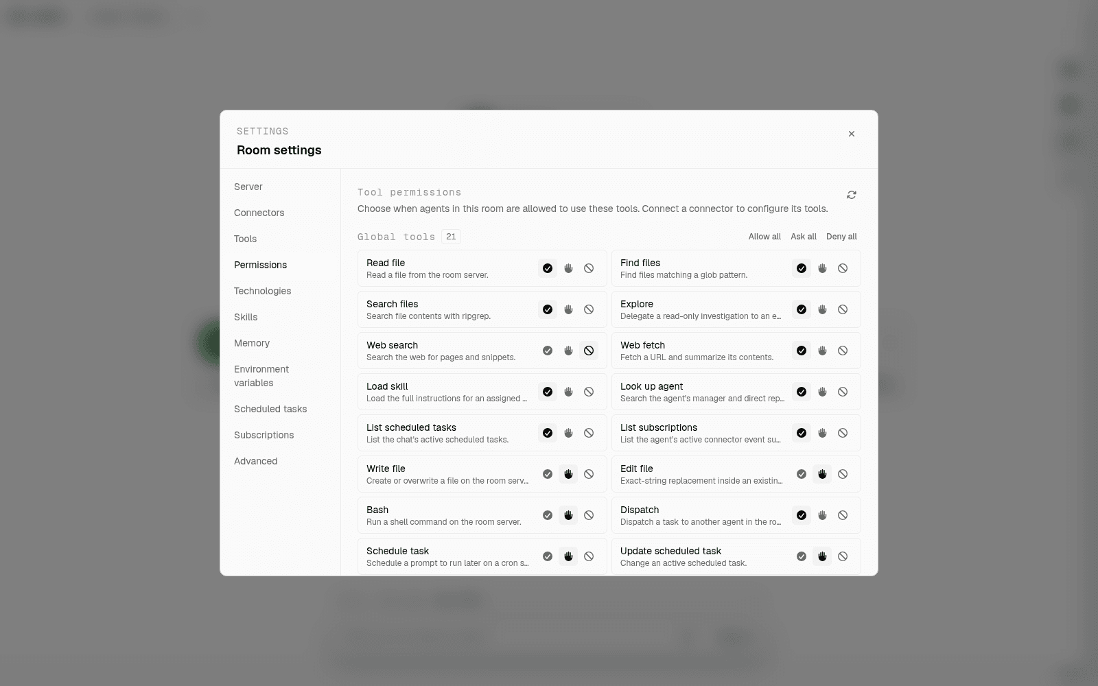 Room permissions tab listing tool groups with allow, ask, and deny policies set per tool