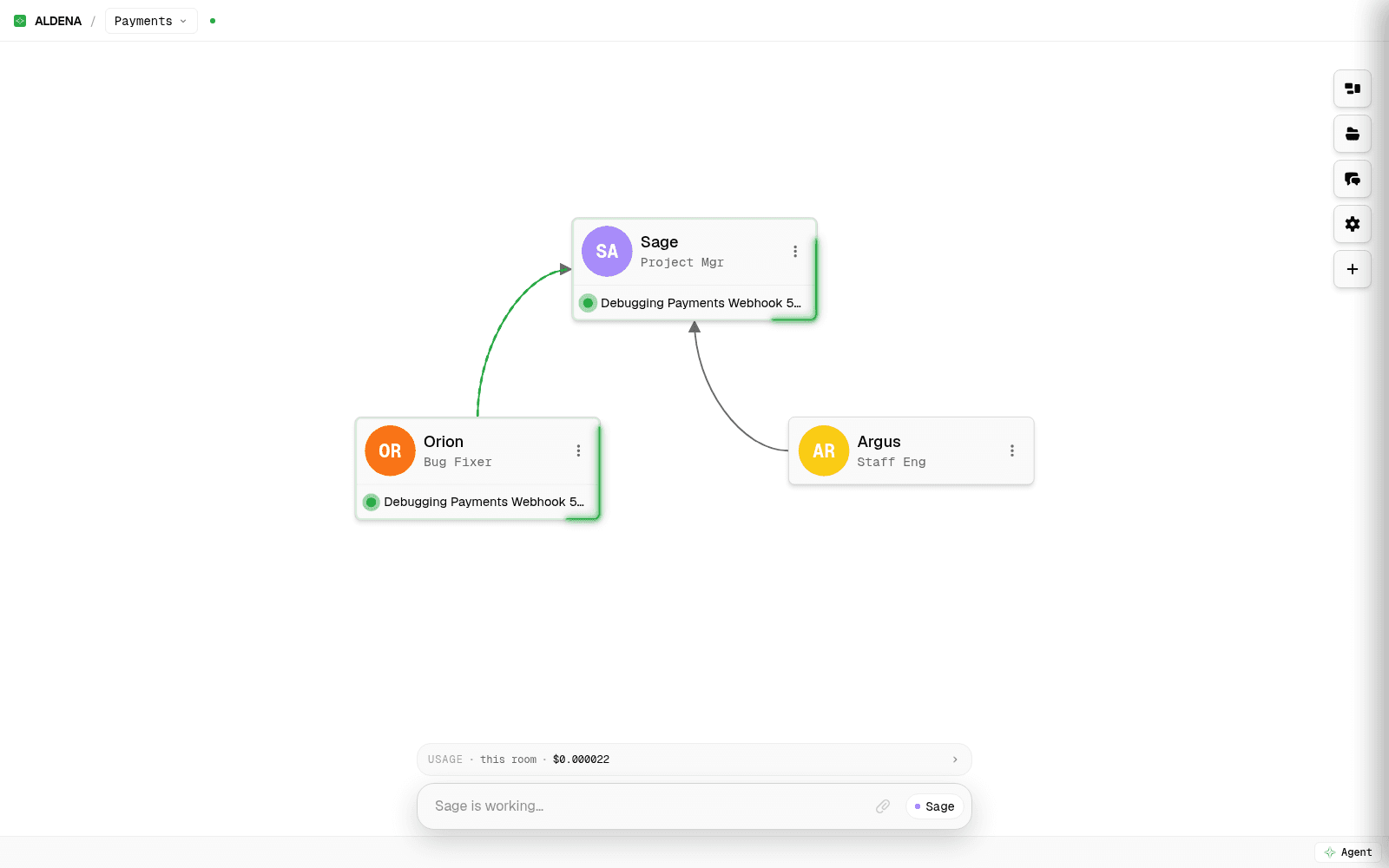 Aldena room canvas showing a project manager delegating a bug report down org chart lines to the bug fixer