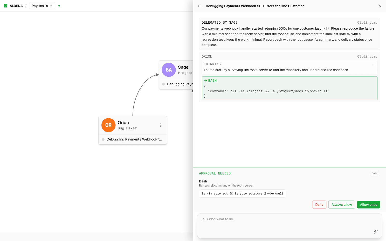 Aldena approval prompt showing the exact shell command an agent wants to run with allow and deny options