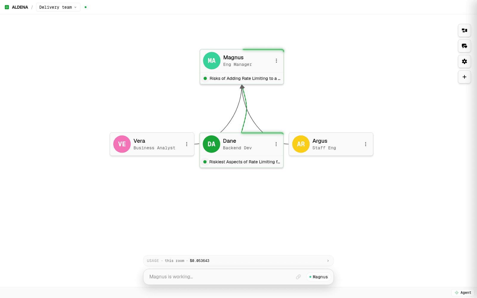 Aldena room canvas showing a manager agent handing work to direct reports along lit hierarchy lines