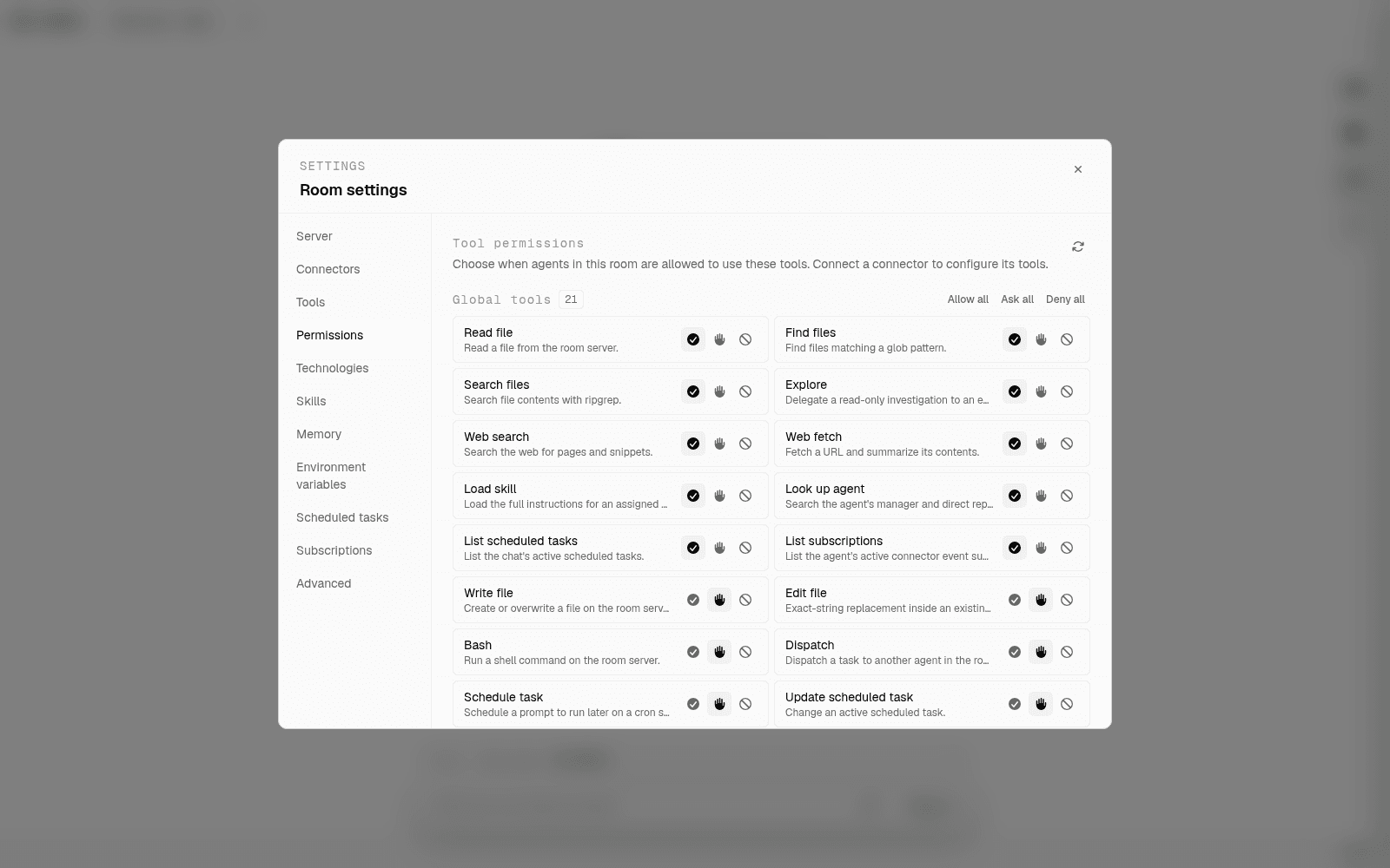 Room permissions tab showing tool groups with allow, ask, and deny policies