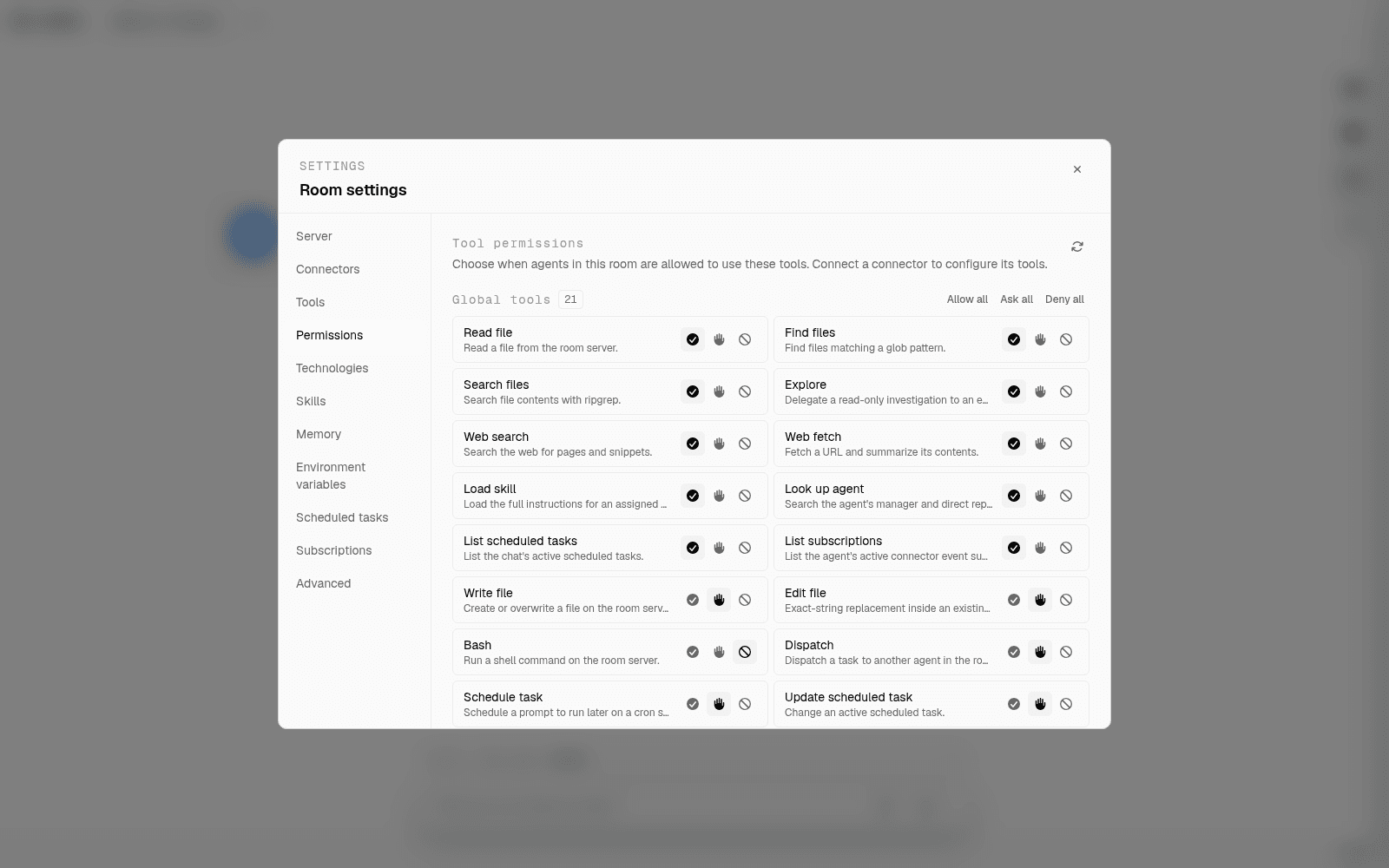 Aldena room permissions tab showing allow, ask, and deny policies per tool
