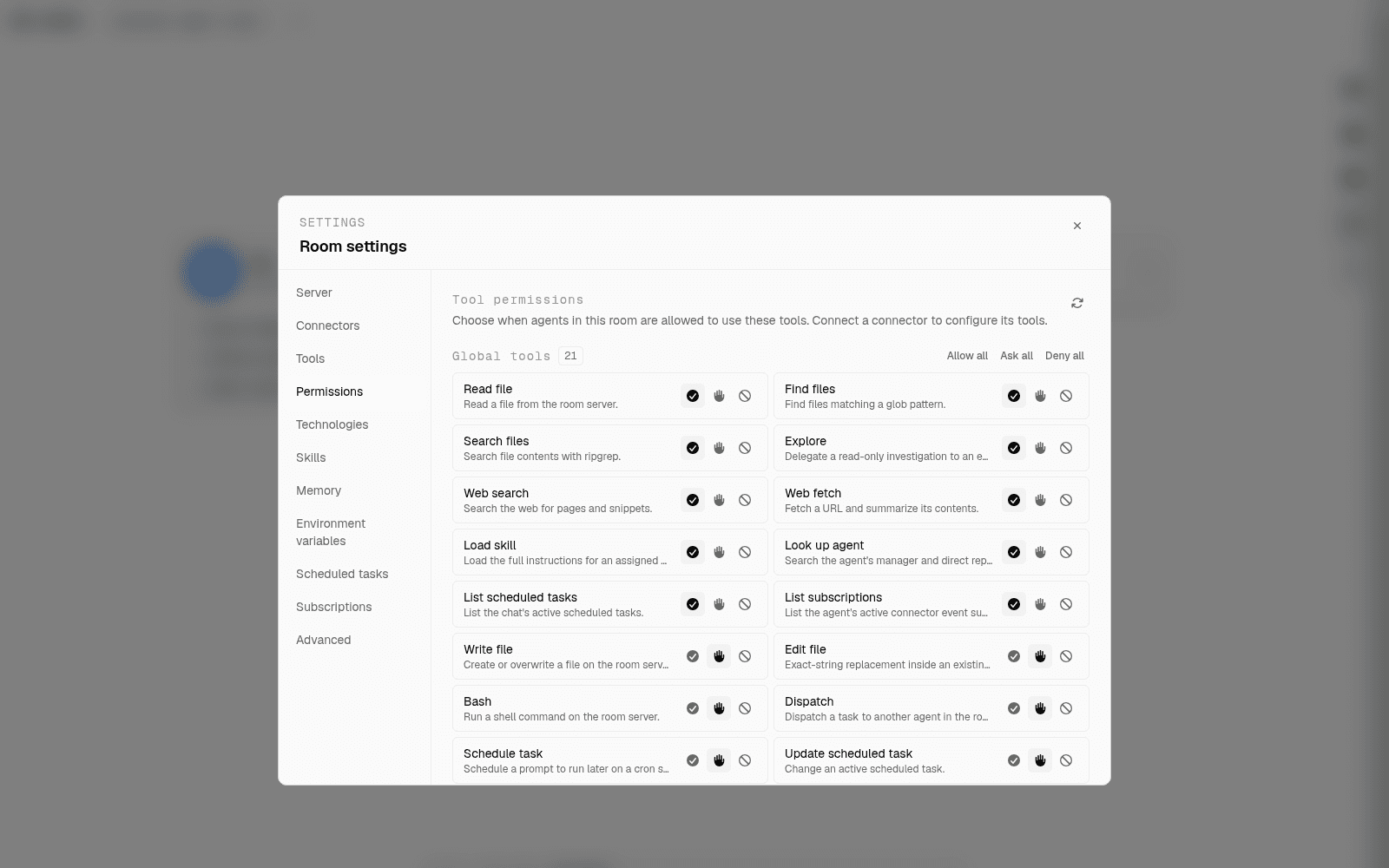 per-tool allow, ask, and deny policies in a room's permissions tab