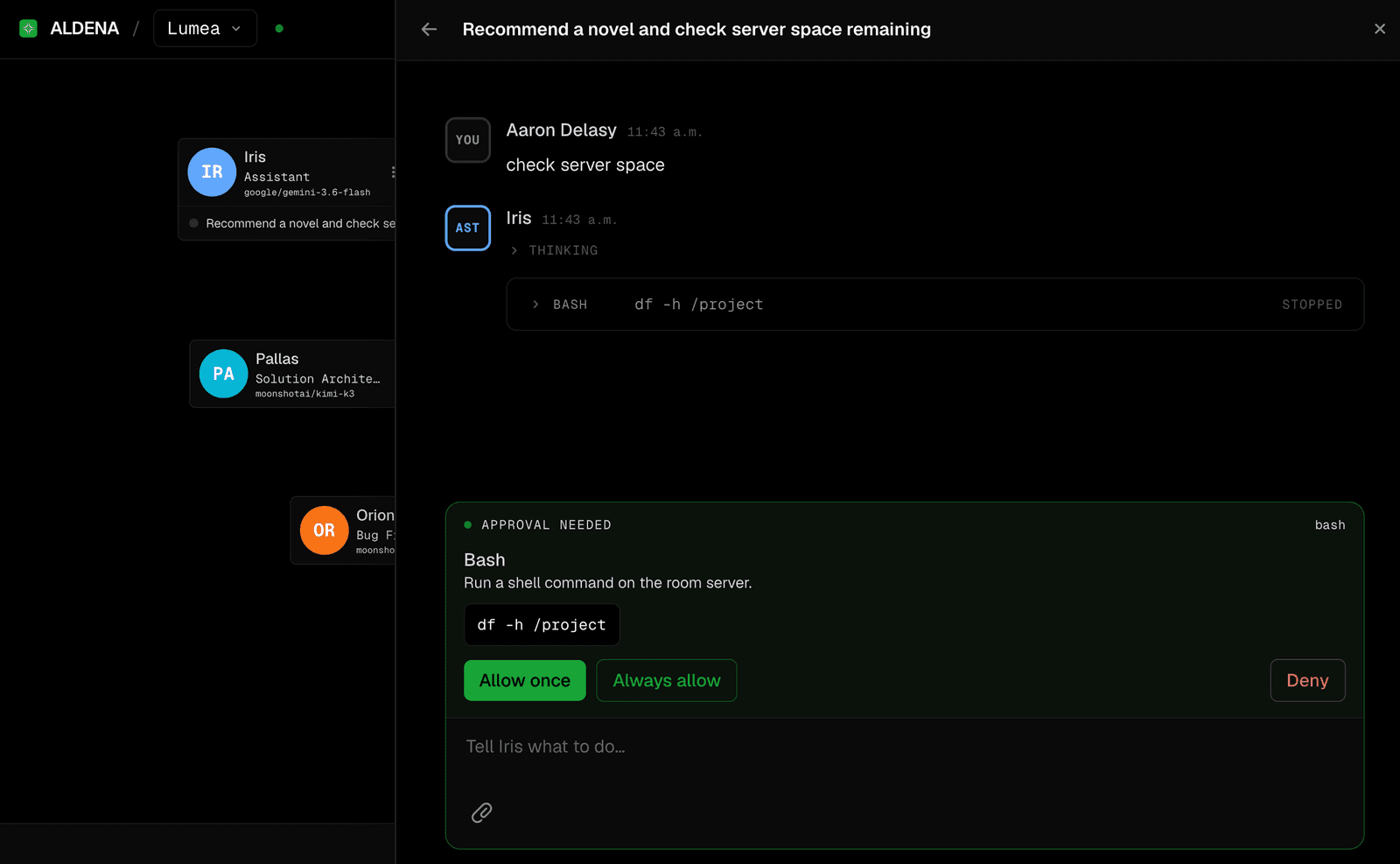 An aldena run paused at an approval gate, where the agent has asked to run a shell command on the room server and the prompt offers allow once, always allow, or deny