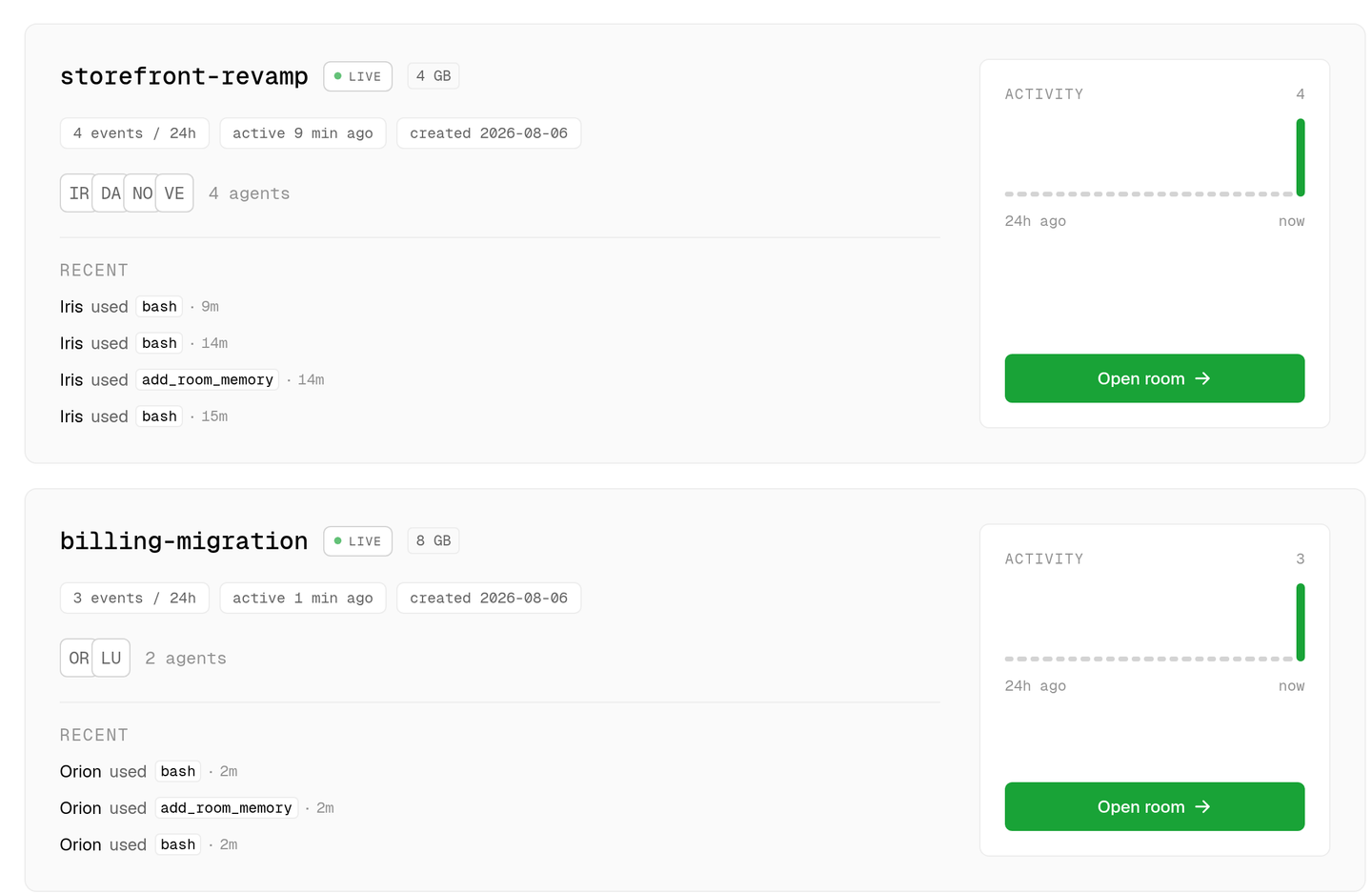 two rooms in one team, each with its own server tier, its own agents, and its own activity feed