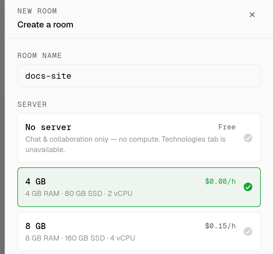 the new room panel with server tier options listed and 4 gb selected