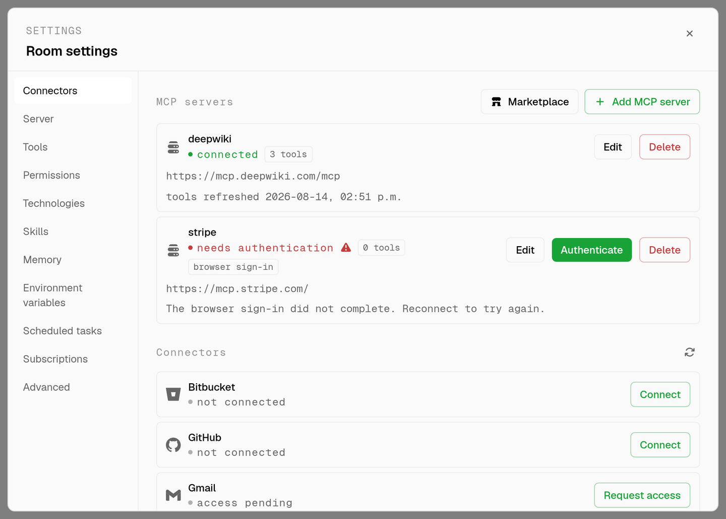 the connectors tab with deepwiki connected on three tools and stripe needing authentication after an unfinished browser sign-in
