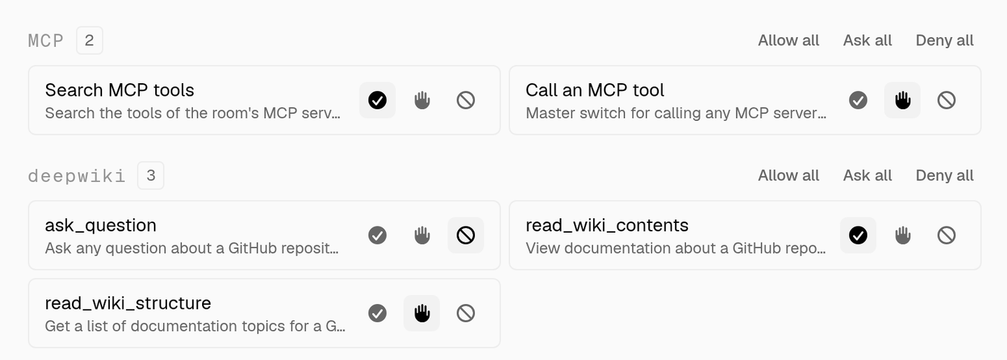 the permissions tab with the mcp search and call rows above a deepwiki section whose three tools sit on deny, allow and ask
