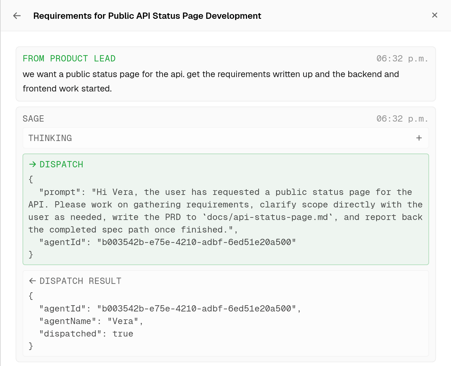 a plain language request to the project manager, then the dispatch that hands the work to the business analyst and the acknowledgement coming back