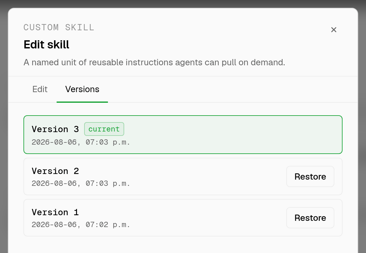 the version history of a custom skill with version 3 marked current and a restore button next to version 2 and version 1